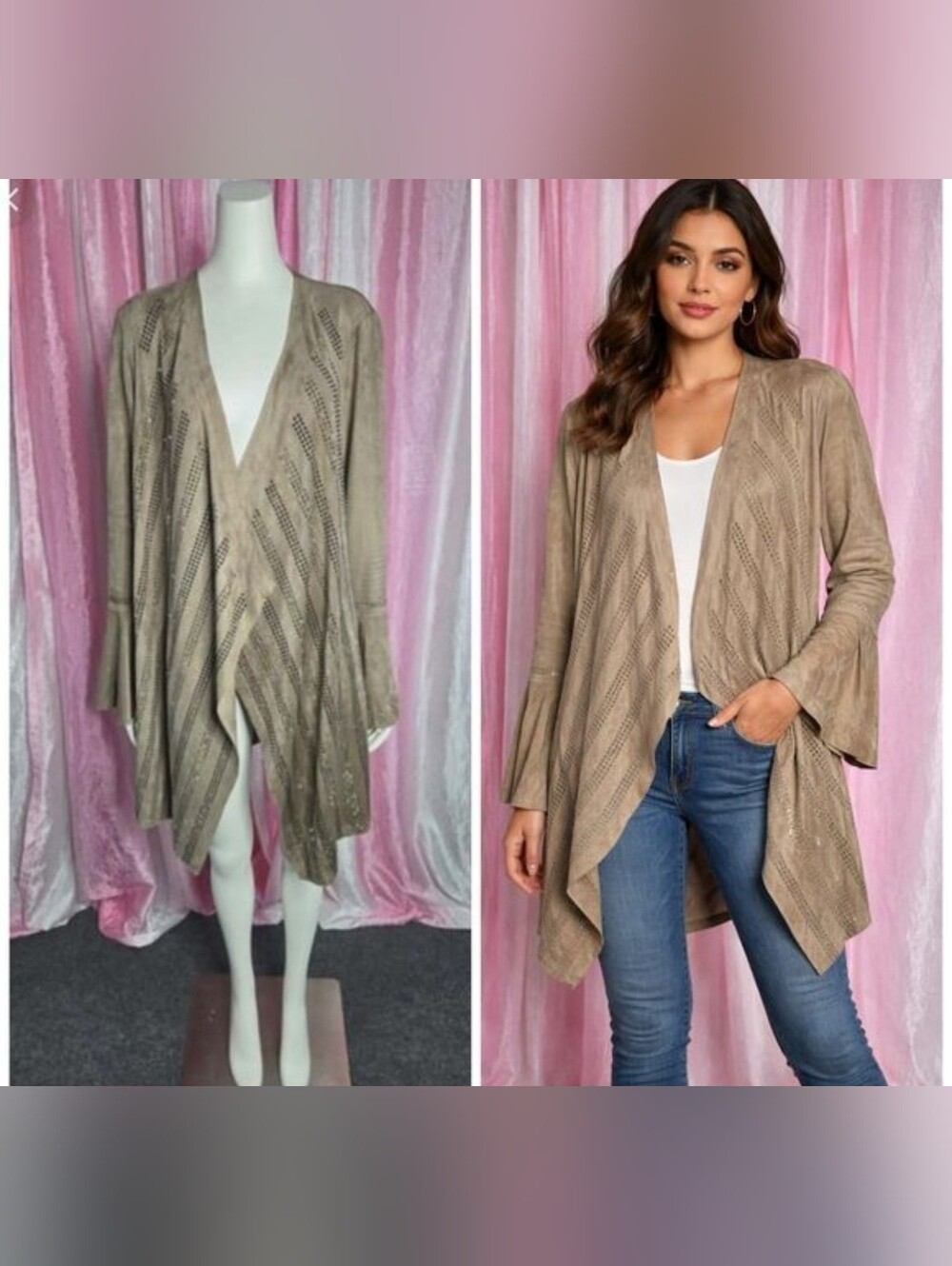 Vocal Taupe Crystal Studded Faux Suede Duster Cardigan Jacket Size Medium